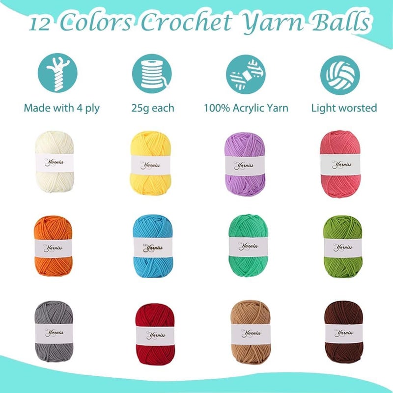 Yarniss Crochet Kits for Beginner, All-Inclusive Crochet Kit for Adults with 14 Size Ergonomic Crochet Hooks,12 Crochet Yarns Balls & Crochet Bag,Bright Blue - Image 4