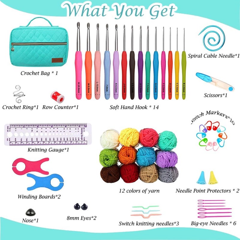 Yarniss Crochet Kits for Beginner, All-Inclusive Crochet Kit for Adults with 14 Size Ergonomic Crochet Hooks,12 Crochet Yarns Balls & Crochet Bag,Bright Blue - Image 2