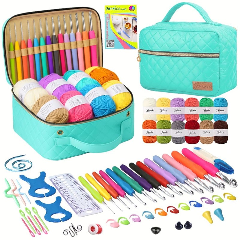 Yarniss Crochet Kits for Beginner, All-Inclusive Crochet Kit for Adults with 14 Size Ergonomic Crochet Hooks,12 Crochet Yarns Balls & Crochet Bag,Bright Blue - Image 1