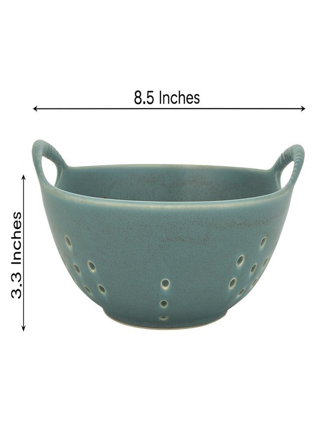 Amitofo Matte Glaze Ceramic Berry Colander Bowl with Handles - 8.5" Handle-to-Handle × 8" Bowl Dia × 3.3" High - Rustic Stoneware Drain Bowl for Fruit, Berries, and Kitchen Decor (Matte Green) - Image 2