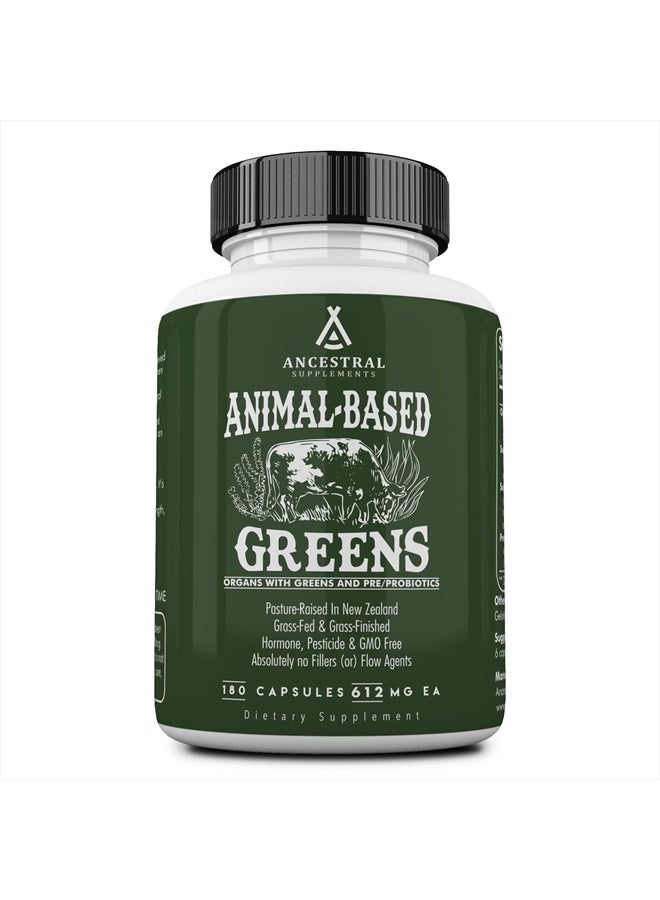Ancestral Supplements Greens Powder Capsules, Organic Superfood Greens & Reds Blend with Spirulina, Chlorella, Grass Fed Beef Organs, and Probiotics for Gut Health, Non GMO, 615mg Each, 180 Count - Image 1