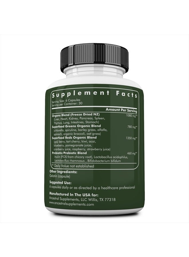 Ancestral Supplements Greens Powder Capsules, Organic Superfood Greens & Reds Blend with Spirulina, Chlorella, Grass Fed Beef Organs, and Probiotics for Gut Health, Non GMO, 615mg Each, 180 Count - Image 2