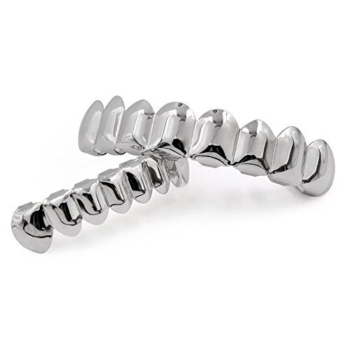 JINAO Silver Grill 18K Gold Plated Gold Finish 8 Top Teeth 8 Bottom Tooth grillz Hip Hop Mouth Grills for Men Women (Silver Set) - Image 2