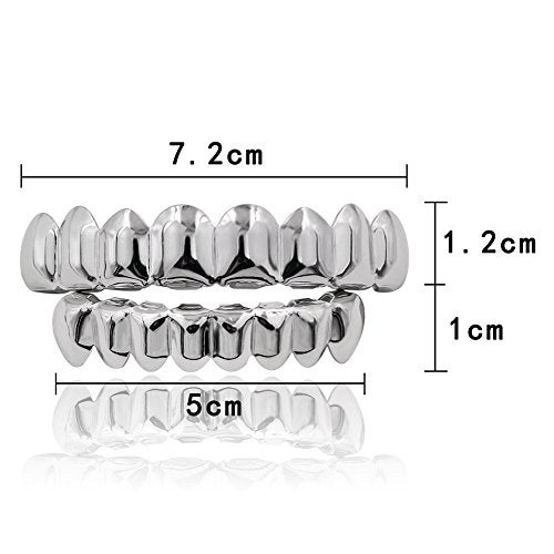 JINAO Silver Grill 18K Gold Plated Gold Finish 8 Top Teeth 8 Bottom Tooth grillz Hip Hop Mouth Grills for Men Women (Silver Set) - Image 3