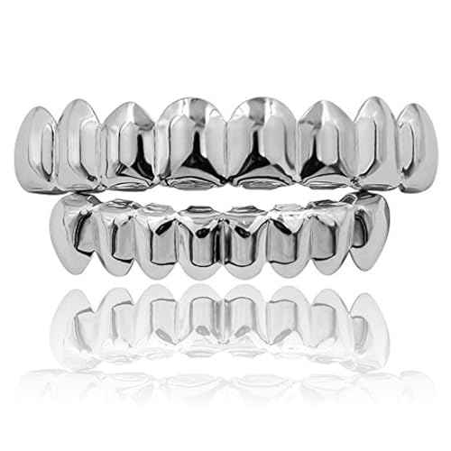 JINAO Silver Grill 18K Gold Plated Gold Finish 8 Top Teeth 8 Bottom Tooth grillz Hip Hop Mouth Grills for Men Women (Silver Set) - Image 1