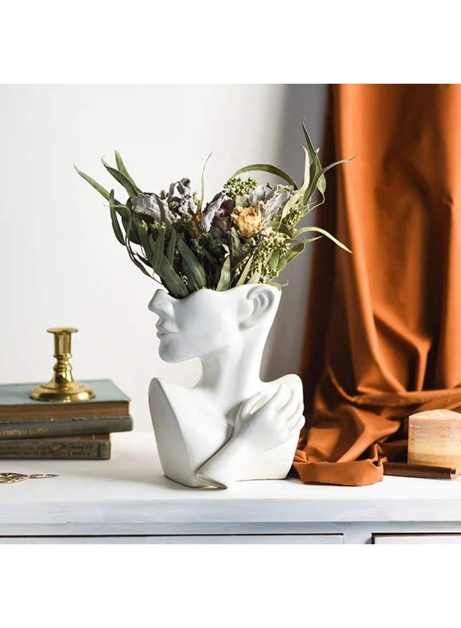 Ceramic Head Bust Statue Flower Vase, Face Shaped Planter Pot for Home Decor, White - Image 3