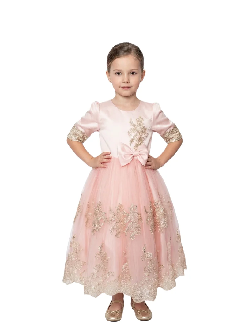 بيداني Gold Lace Appliqué & Pink Satin Bodice Dress with Bow