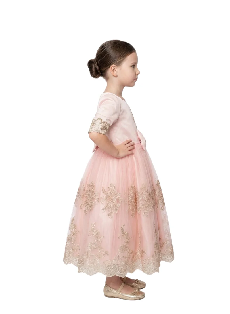 بيداني Gold Lace Appliqué & Pink Satin Bodice Dress with Bow