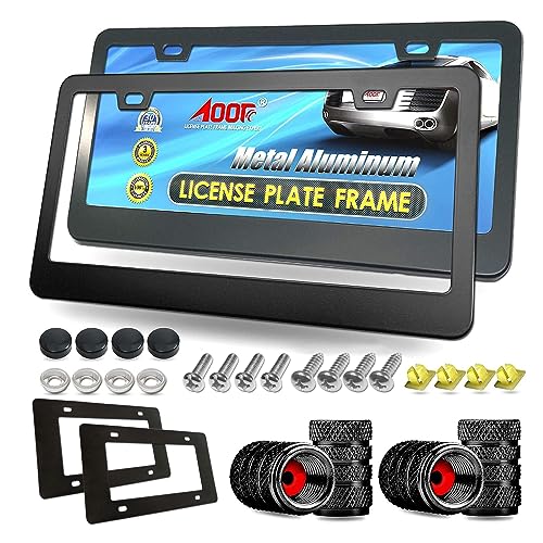 Aootf License Plate Frames Matte Black Aluminum Car Tag Cover 2 Pack Heavy Duty Front Rear Holders for WomenMen with Screws Bolts Tire Valve Caps Rattle Proof Pads 2 Hole