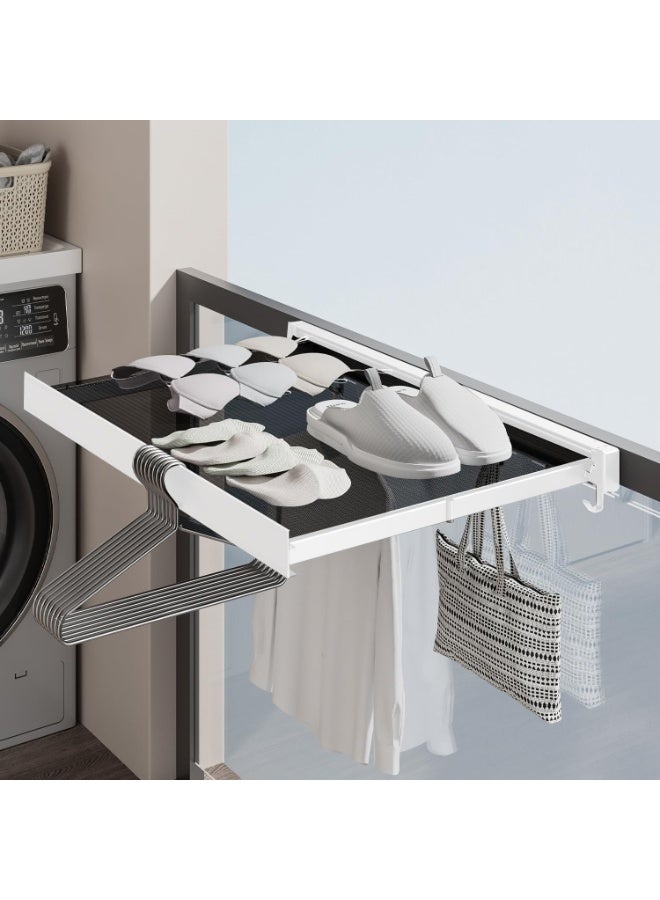 Wall Mounted Flat Clothes Drying Rack, 60x37.5cm Foldable Clothes Drying Rack with Collapsible Net and 8 Hooks, Telescopic Invisible Laundry Rack for Bathroom, Balcony, Laundry Room, LSW0301 (White)  - Image 1
