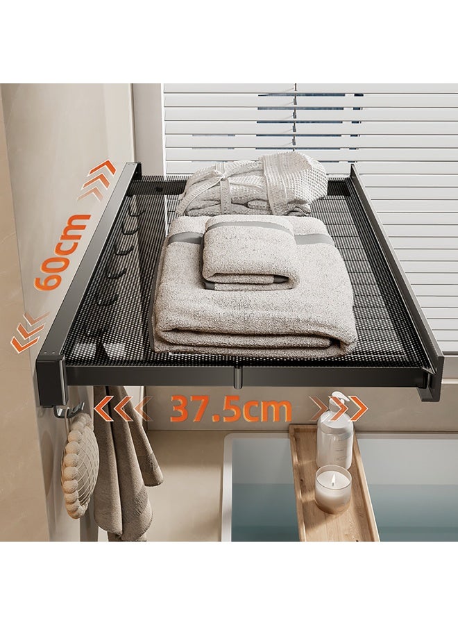 Wall Mounted Flat Clothes Drying Rack, 60x37.5cm Foldable Clothes Drying Rack with Collapsible Net and 8 Hooks, Telescopic Invisible Laundry Rack for Bathroom, Balcony, Laundry Room, LSW0301 (White)  - Image 5
