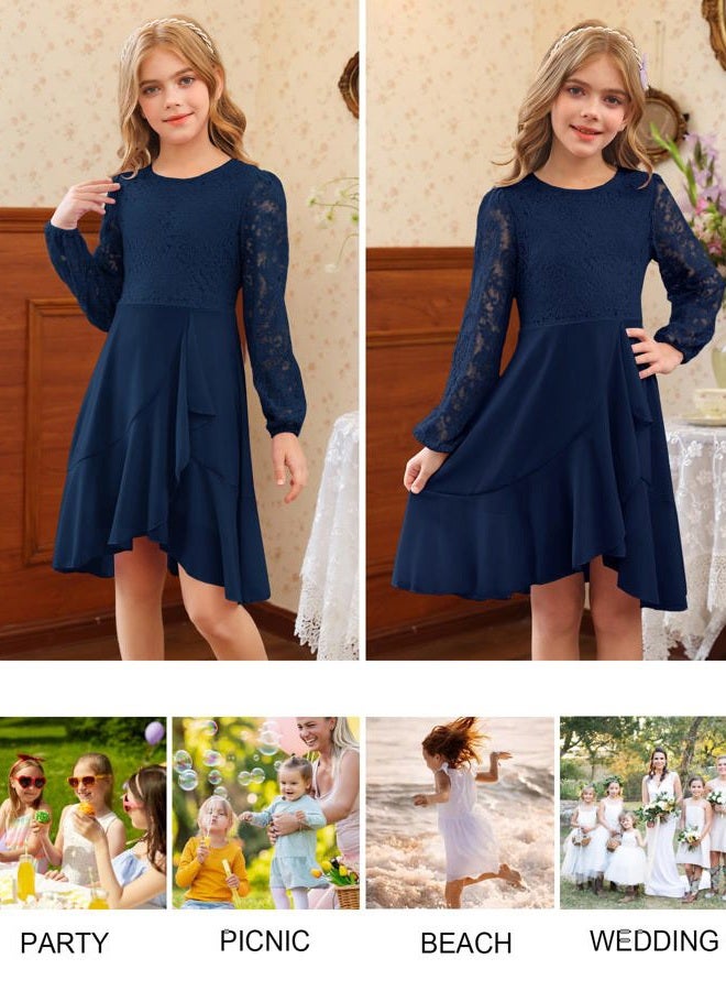 MITILLY Girls Lace Flower Ruffle Dress Long Sleeve Chiffon A Line High Low Junior Bridesmaid Dresses for Wedding Party, Navy Blue, 10 Years - Image 5