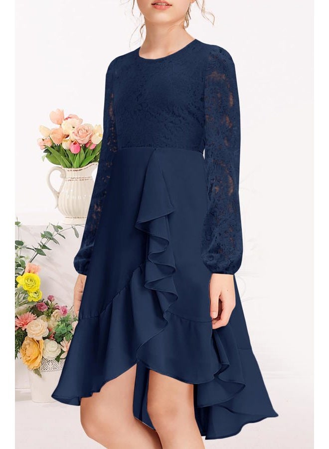 MITILLY Girls Lace Flower Ruffle Dress Long Sleeve Chiffon A Line High Low Junior Bridesmaid Dresses for Wedding Party, Navy Blue, 10 Years - Image 3