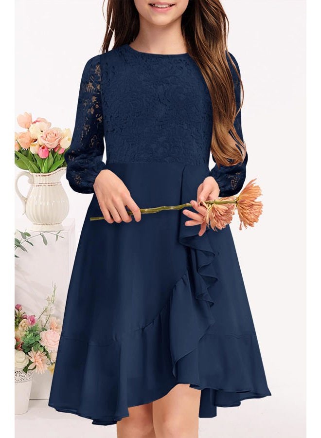 MITILLY Girls Lace Flower Ruffle Dress Long Sleeve Chiffon A Line High Low Junior Bridesmaid Dresses for Wedding Party, Navy Blue, 10 Years - Image 2