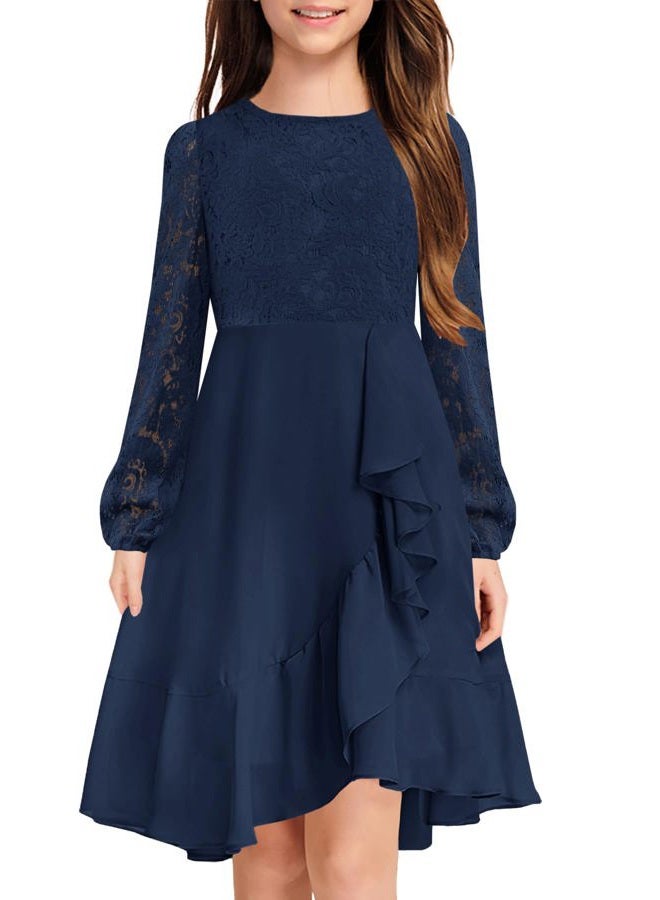 MITILLY Girls Lace Flower Ruffle Dress Long Sleeve Chiffon A Line High Low Junior Bridesmaid Dresses for Wedding Party, Navy Blue, 10 Years - Image 1