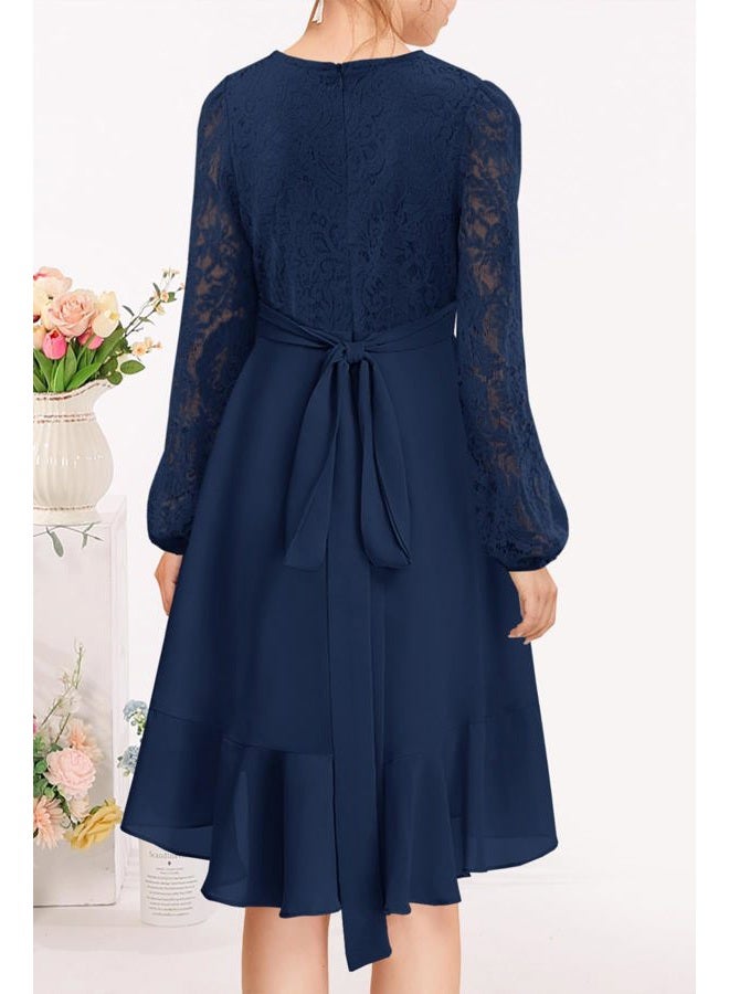 MITILLY Girls Lace Flower Ruffle Dress Long Sleeve Chiffon A Line High Low Junior Bridesmaid Dresses for Wedding Party, Navy Blue, 10 Years - Image 4