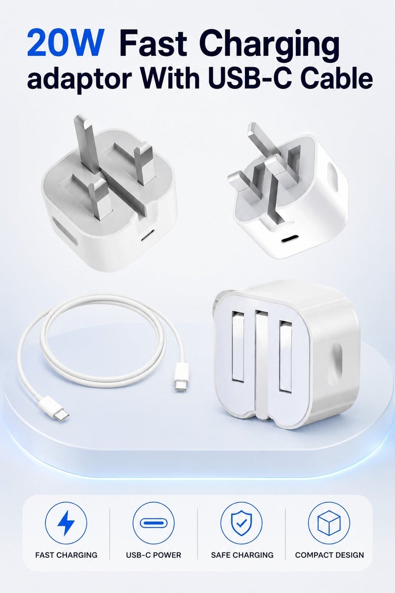 شاحن USB-C، شاحن سريع بقوة 20 واط، شاحن حائط USB-C، محول طاقة بتقنية PD مع كابل USB-C إلى USB-C لسلسلة iPhone 16/15، وSamsung Galaxy، وGoogle Pixel، وiPad، وأجهزة USB-C. - Image 2