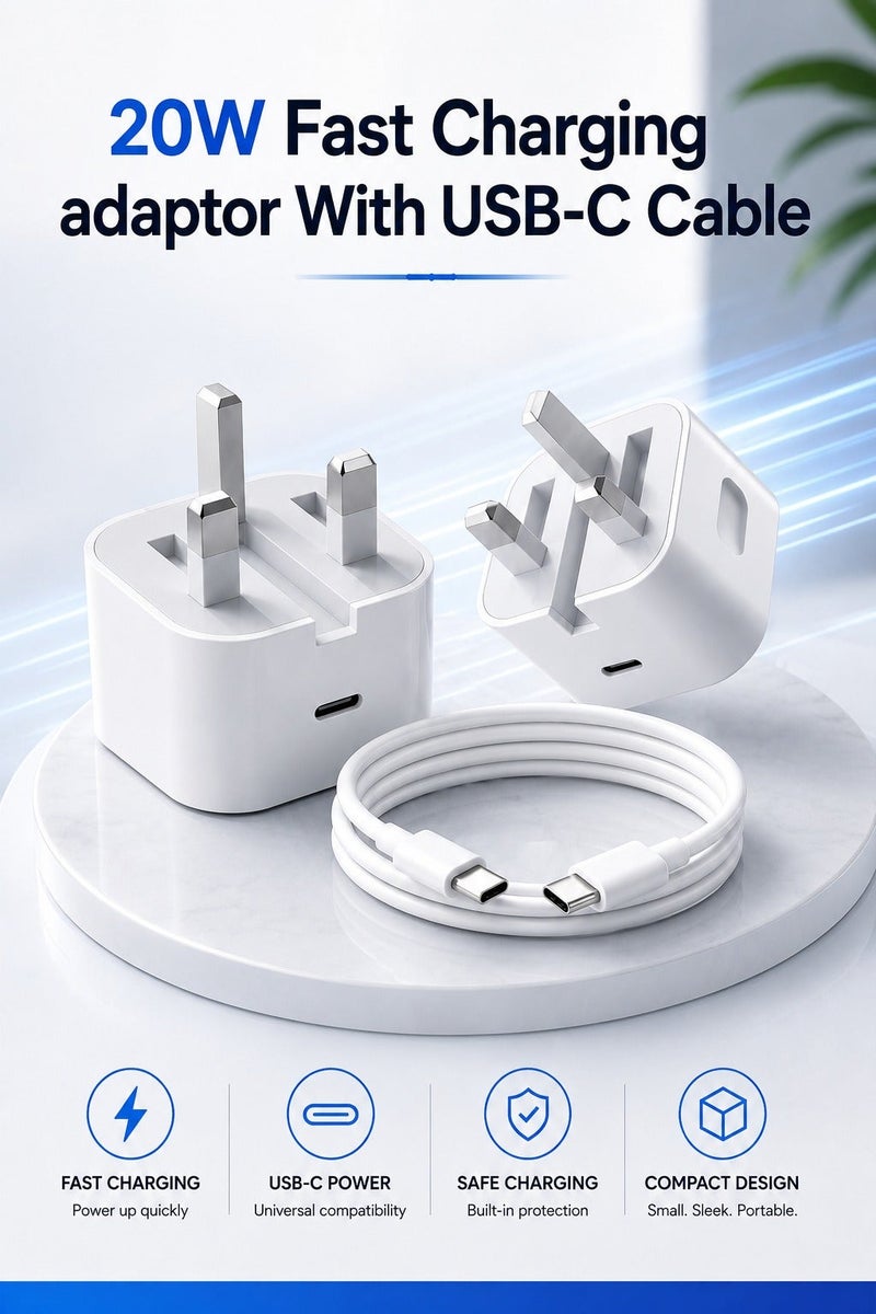 شاحن USB-C، شاحن سريع بقوة 20 واط، شاحن حائط USB-C، محول طاقة بتقنية PD مع كابل USB-C إلى USB-C لسلسلة iPhone 16/15، وSamsung Galaxy، وGoogle Pixel، وiPad، وأجهزة USB-C. - Image 1
