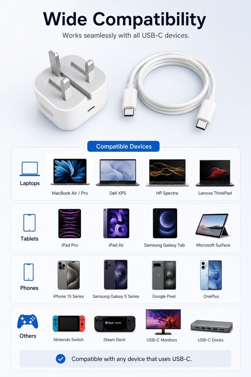 شاحن USB-C، شاحن سريع بقوة 20 واط، شاحن حائط USB-C، محول طاقة بتقنية PD مع كابل USB-C إلى USB-C لسلسلة iPhone 16/15، وSamsung Galaxy، وGoogle Pixel، وiPad، وأجهزة USB-C. - Image 4