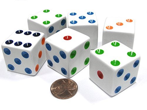 كوبلو غايمز مجموعة من 6 D6 25 مم زهر جامبو غامق كبير - أبيض مع PIP متعدد الألوان بواسطة ألعاب Koplow - Image 1