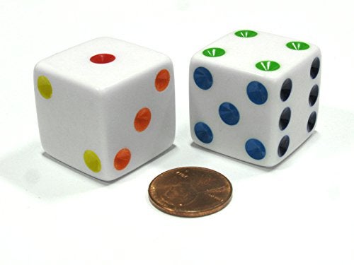 كوبلو غايمز مجموعة من 6 D6 25 مم زهر جامبو غامق كبير - أبيض مع PIP متعدد الألوان بواسطة ألعاب Koplow - Image 2