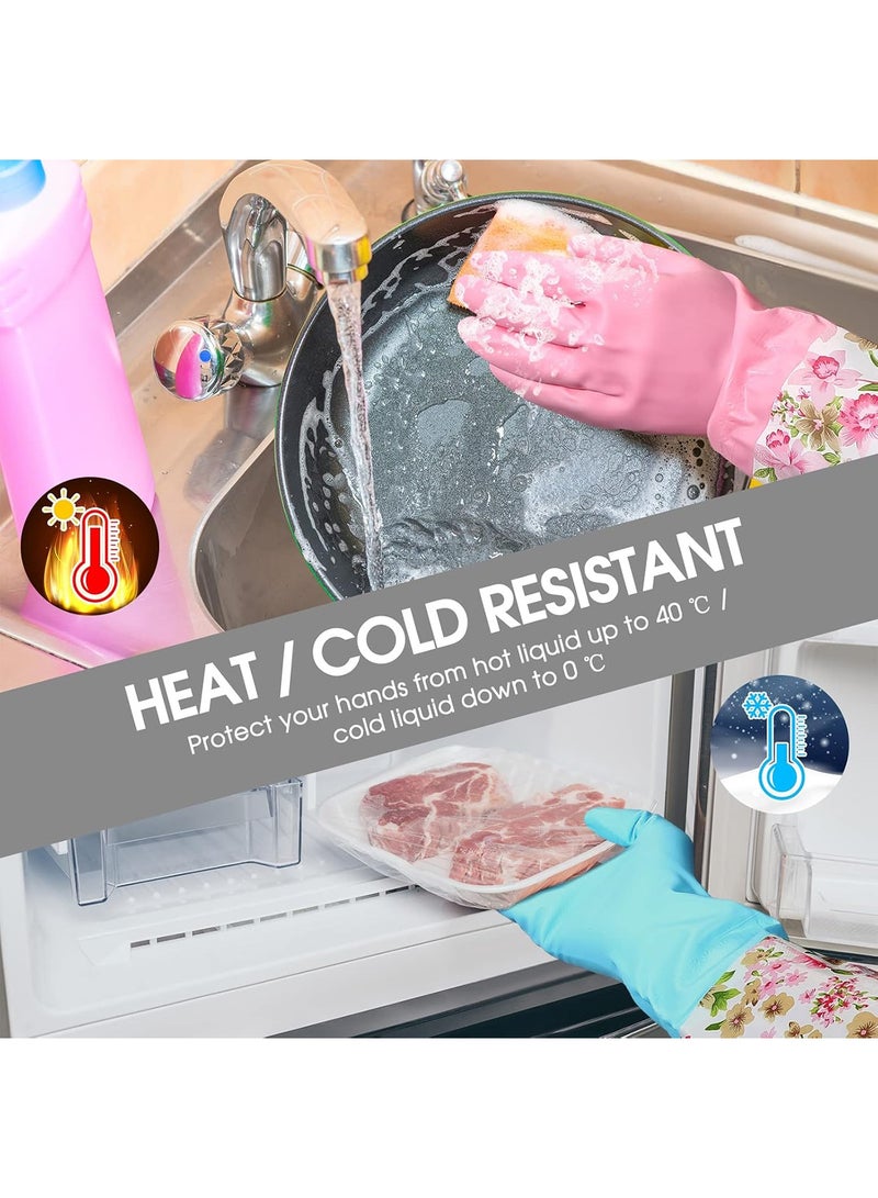 2-Pairs Reusable Long Cuff Dishwashing Cleaning Rubber Gloves with Waterproof Latex and Flock Lining - Floral Pattern Household Cleaning Gloves for Kitchen, Washing, and Multi-Purpose Tasks, Comfortable u0026 Durable for Men u0026 Women - Image 3