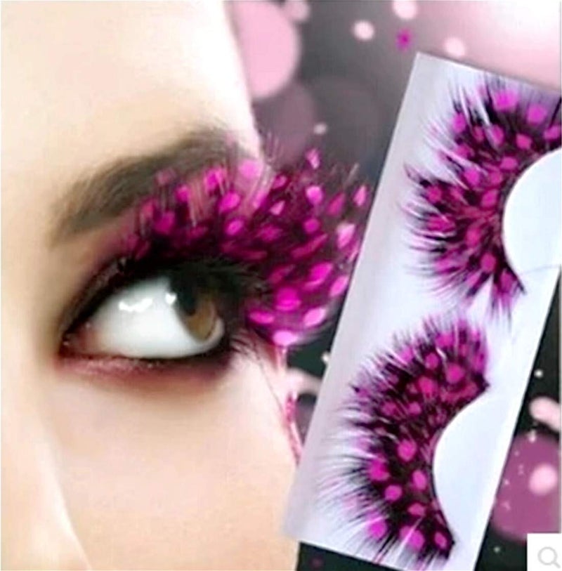 Dorisue Halloween eyelashes Hot pink Colored lashes Crazy Barbie lashes with feather and pecock print glitter extensions P10 1pair lash
