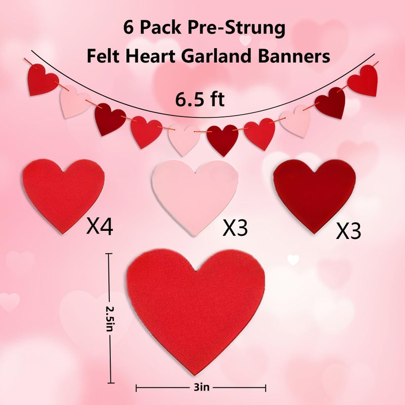 iefoah 6 Pack Felt Heart Garland Banners Pink Red Pre-Strung Heart Valentines Banner for Valentine's Day Decoration Wedding Anniversary Engagement Party Supplies - Image 2