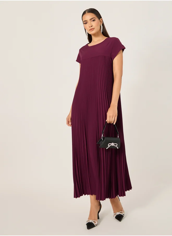 Styli Pleated Short Sleeves A-Line Maxi Dress