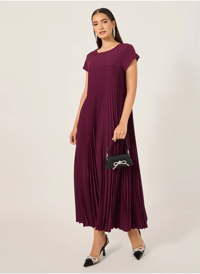 Styli Pleated Short Sleeves A-Line Maxi Dress