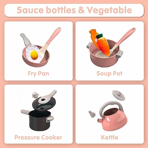 Winbar 61Pcs Kids Kitchen Toy Accessories Set Toddler Pretend BBQ Cooking Playset with Pots and Pans Utensils Cookware Cut Play Food Set Toy Vegetables Play Kitchen for Girls and Boys Pink - Image 5