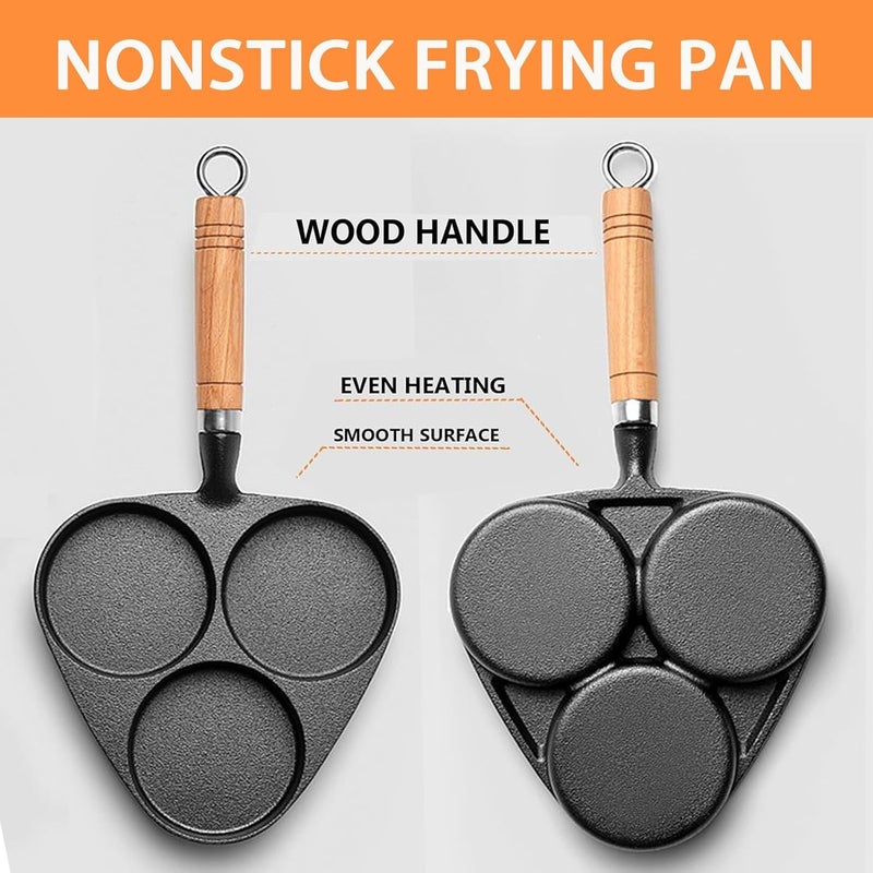 Excefore 3Cup Egg Pans Nonstick, Aluminum Nonstick frying pan, pancake pan, Cast Iron Egg Pan, Divided Grill Pan with wooden handle, For frying eggs, steaks, and hamburgers for breakfast - Image 2