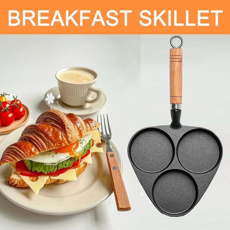 Excefore 3Cup Egg Pans Nonstick, Aluminum Nonstick frying pan, pancake pan, Cast Iron Egg Pan, Divided Grill Pan with wooden handle, For frying eggs, steaks, and hamburgers for breakfast - Image 5
