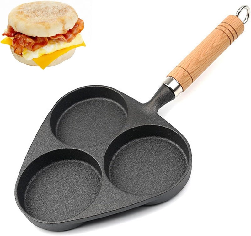 Excefore 3Cup Egg Pans Nonstick, Aluminum Nonstick frying pan, pancake pan, Cast Iron Egg Pan, Divided Grill Pan with wooden handle, For frying eggs, steaks, and hamburgers for breakfast - Image 1