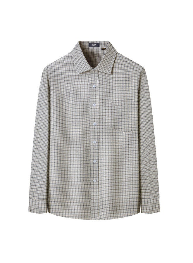 Firs Men's Autumn Winter 100% Cotton Long Sleeve Houndstooth Thickened Brushed Business Casual Shirt - Image 1