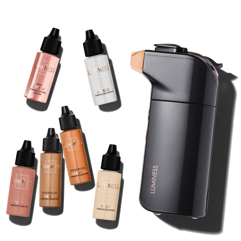 LUMINESS Luminess BREEZE DUO Airbrush Makeup System Tan Coverage  9Piece Kit includes 2x Silk Airbrush Foundation Apricot Shade Blush Glow Highlighter Moisturizer Primer and Airbrush Cleaning Solution