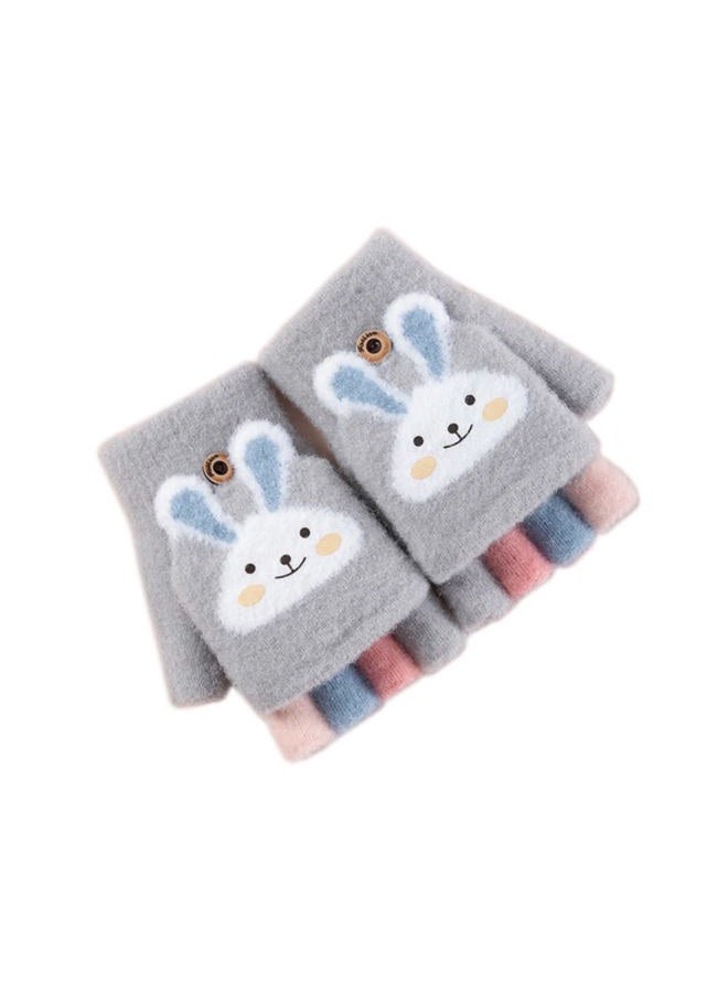 Vimeet Winter Gloves Wool Lined Gloves Knitted Mittens for Girls, Flip Rabbit Gray 6-12 Years, One Size - Image 1