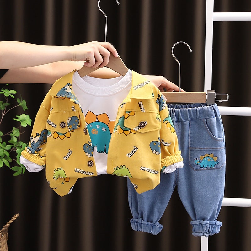 Childrens Clothing Boys and Girls Childrens Baby Three-piece Set 2024 Spring and Autumn Cartoon Printed Dinosaur Jacket Round Neck Sweater Three-piece Set Yellow  - Image 1