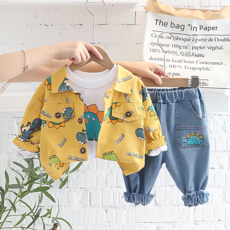 Childrens Clothing Boys and Girls Childrens Baby Three-piece Set 2024 Spring and Autumn Cartoon Printed Dinosaur Jacket Round Neck Sweater Three-piece Set Yellow  - Image 3
