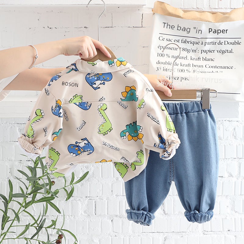 Childrens Clothing Boys and Girls Childrens Baby Three-piece Set 2024 Spring and Autumn Cartoon Printed Dinosaur Jacket Round Neck Sweater Three-piece Set Yellow  - Image 5