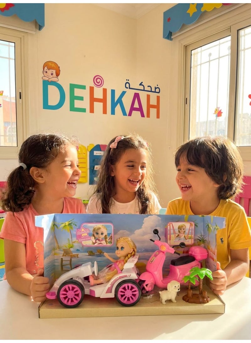 ماتيل جيمز طقم ألعاب العروسة  باربي مع سيارة سباق وسكوتر وردي - مجموعة ألعاب للبنات مع جرو ونخيل - 5 قطع - Image 1