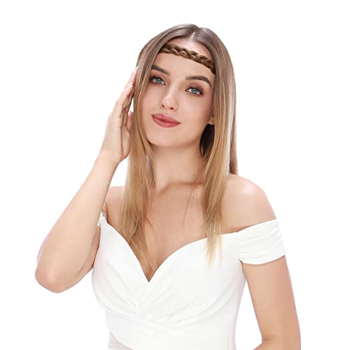 S-noilite Braided Headband - Chunky Synthetic Elastic Stretch Hairband with Wide Plaits for Girls and Women (Small-three strands braided, light brown) - Image 2