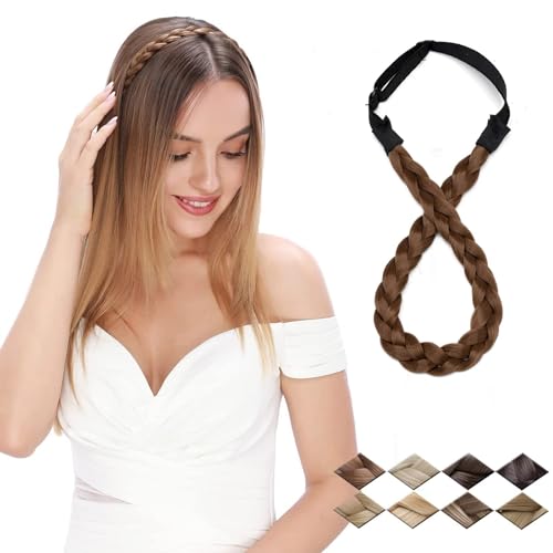 S-noilite Braided Headband - Chunky Synthetic Elastic Stretch Hairband with Wide Plaits for Girls and Women (Small-three strands braided, light brown) - Image 1