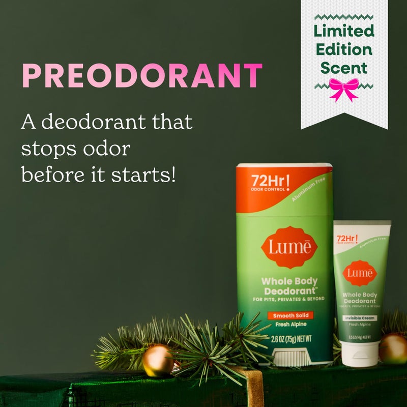 Lume Whole Body Deodorant - Invisible Cream Tube Mini and Solid Stick - 72 Hour Odor Control - Aluminum Free, Baking Soda Free, Skin Safe - 0.5 Oz Mini Tube + 2.6 Oz Solid Stick (Fresh Alpine) - Image 3