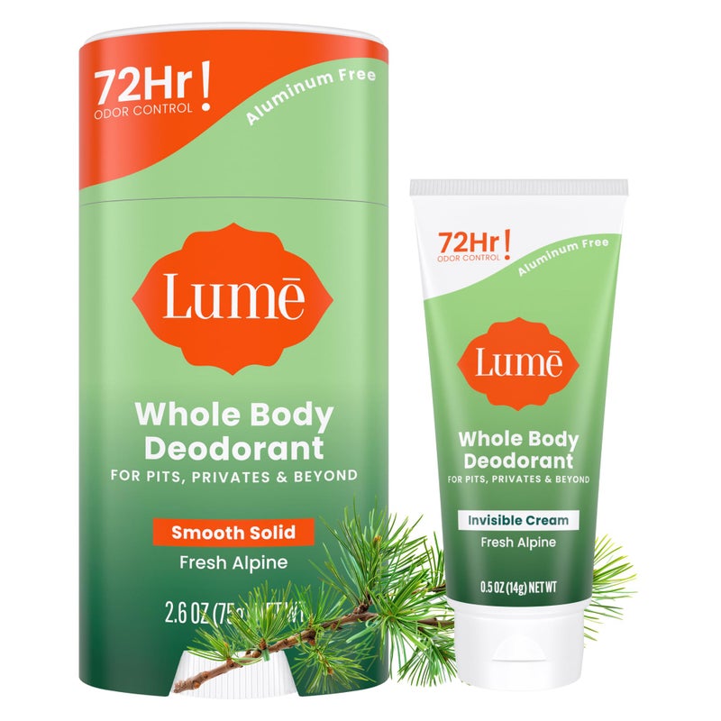 Lume Whole Body Deodorant - Invisible Cream Tube Mini and Solid Stick - 72 Hour Odor Control - Aluminum Free, Baking Soda Free, Skin Safe - 0.5 Oz Mini Tube + 2.6 Oz Solid Stick (Fresh Alpine) - Image 1