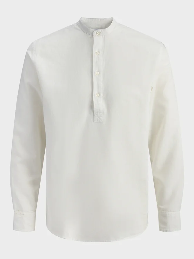 JACK & JONES Men White Mandarin Collar Linen Blend Shirt