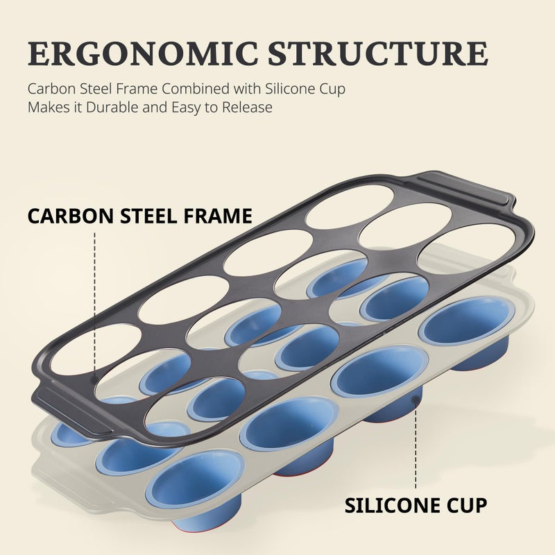 BRONYPRO Silicone Muffin Pans for Baking with Metal Frame, Egg Bite Molds, Cupcake Pans 12 Regular Size, Muffin Tins Easy to Pop Nonstick Non Toxic Bakeware for Oven,Blue - Image 2
