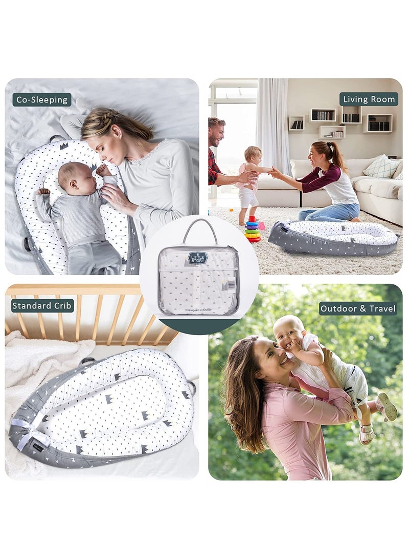 Little Story Soft Breathable Fiberfill Newborn Lounger Bed - Royal Grey - Image 4