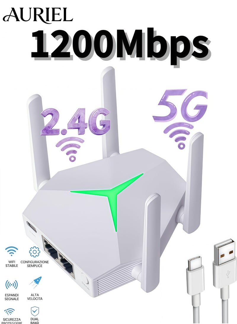 أورييل مُمَدِّد شبكة WiFi لاسلكي ثنائي النطاق 1200 ميجابت/ثانية 2.4 جيجاهرتز/5 جيجاهرتز، مع 4 هوائيات وتعزيز إشارة لاسلكية عبر USB-C وموصلات إيثرنت جيجابت، مُكرر WiFi قابل لتركيب على الحائط، أبيض - Image 1