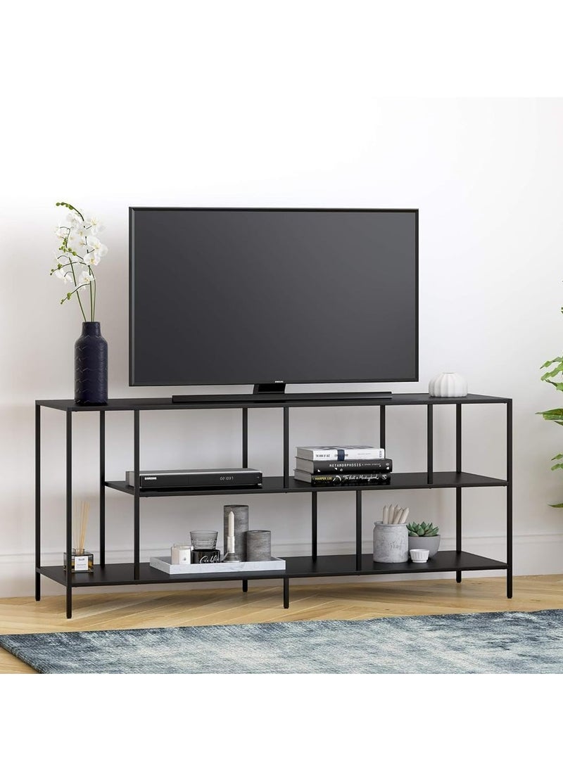 LINGWEI - Metal and Glass TV Stand Sleek Entertainment Unit Sleek Entertainment Center for Modern Living Rooms Stylish Gaming Console Storage 139.7x40x61cm Black - Image 1